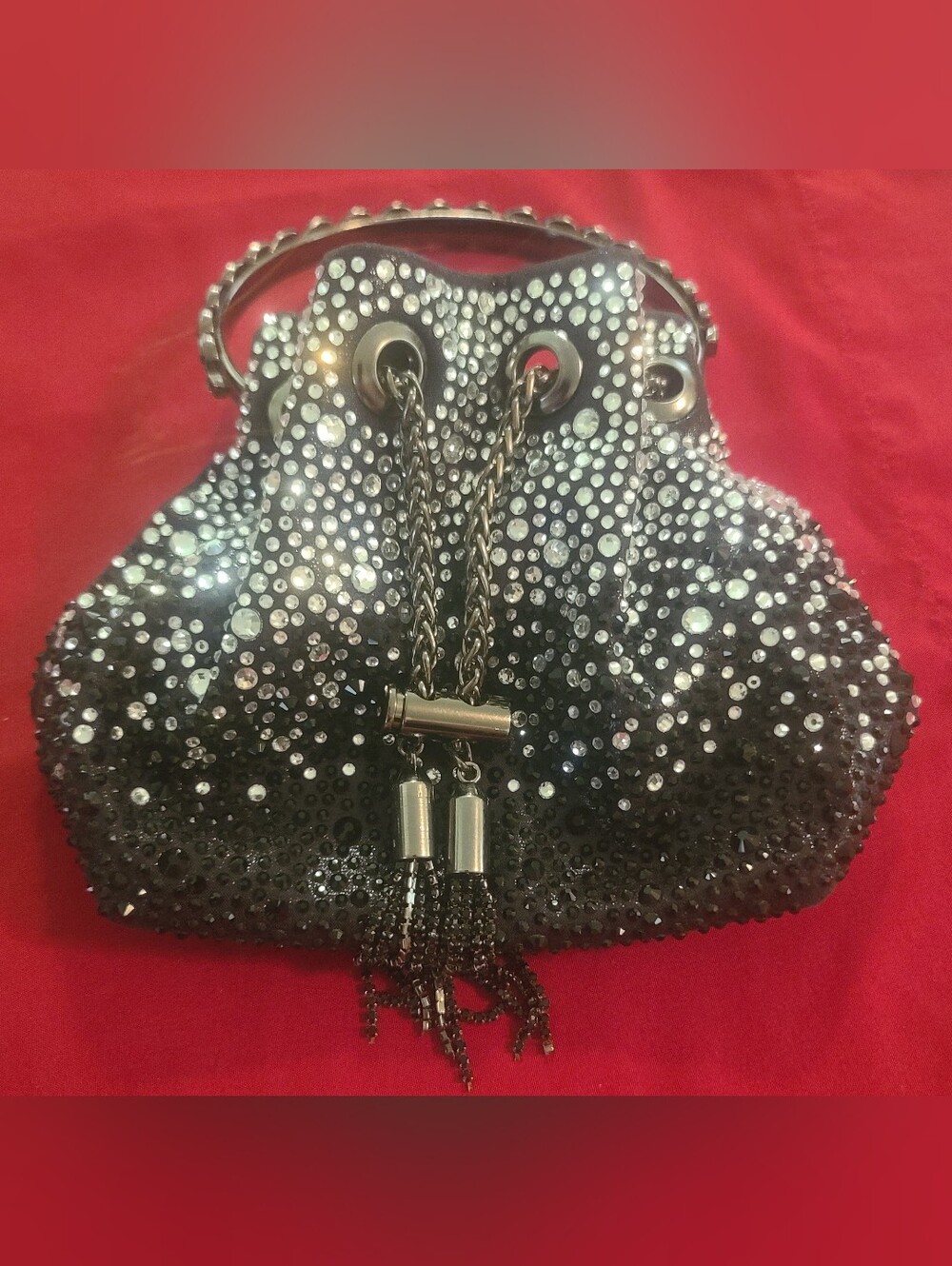 Stunning ​Crystal Embellished Ombré Bucket Bag Gunmetal Grey Chain Drawstring